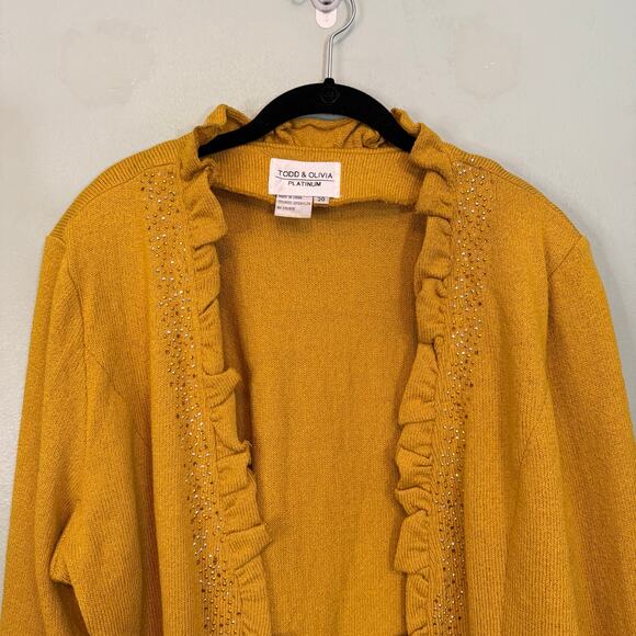 Todd & Olivia Cardigan Womens 20 Mustard Wool Ruffle Open  Sweater Embellished - Picture 12 of 12